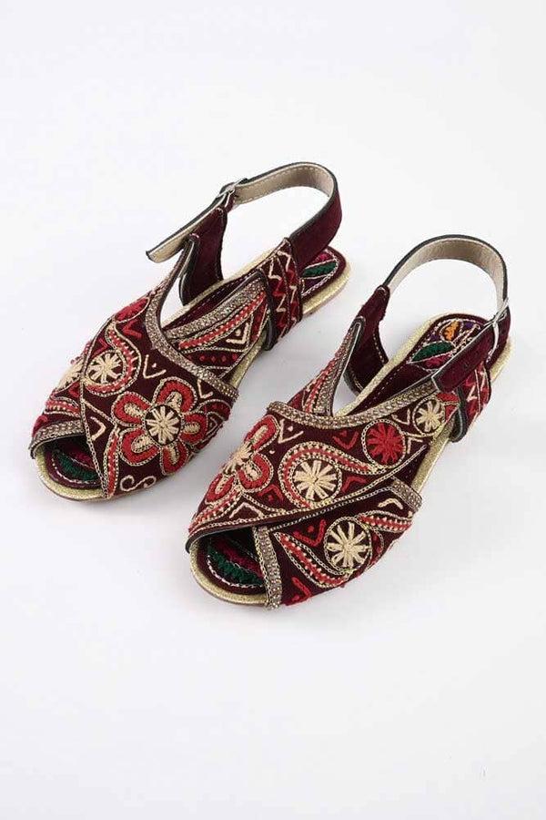Elo Women's Vukovar Embroidered Design Peshawri Chappal Maroon & Yellow