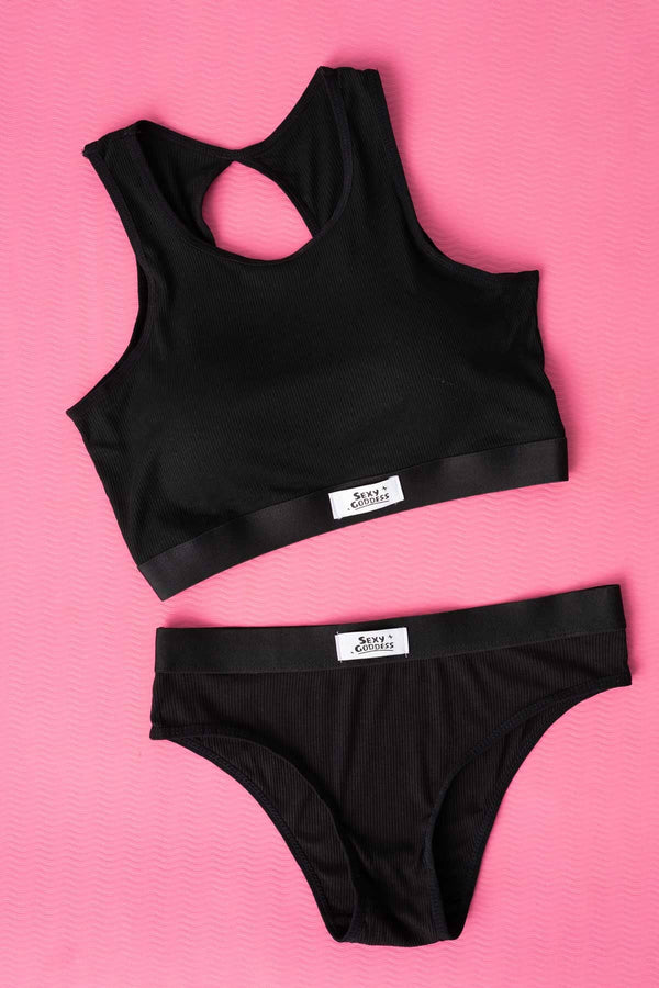 elo Yeyuan Women's Padded Sports Bra & Panty Set Black