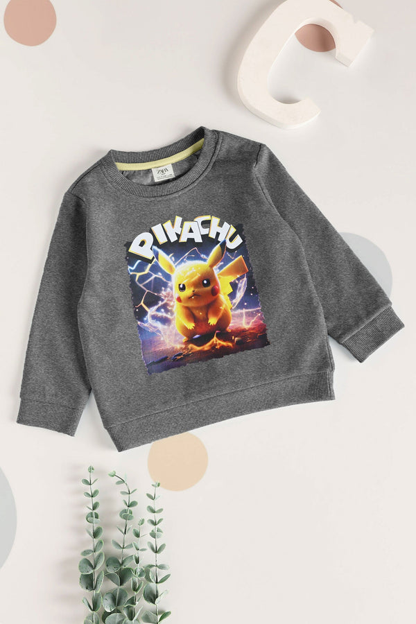 elo ZR Kid's Pikachu Printed Fleece Sweat Shirt Charcoal