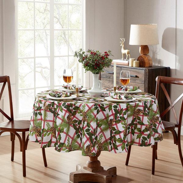 Elrene Pinecone Plaid Holiday Fabric Tablecloth