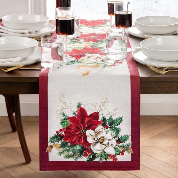 Elrene Poinsettia Garlands Engineered Table Runner