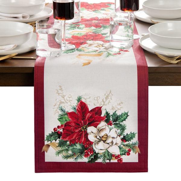 Elrene Poinsettia Garlands Engineered Table Runner