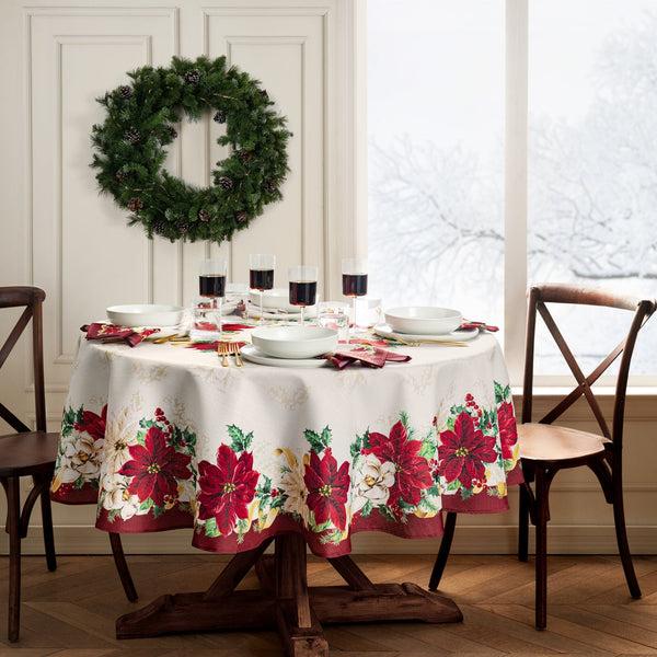 Elrene Poinsettia Garlands Engineered Tablecloth
