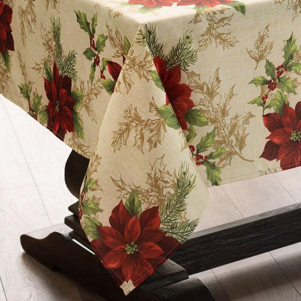 Elrene Festive Poinsettia Holiday Fabric Tablecloth