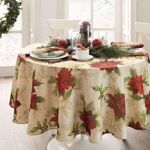 Elrene Festive Poinsettia Holiday Fabric Tablecloth