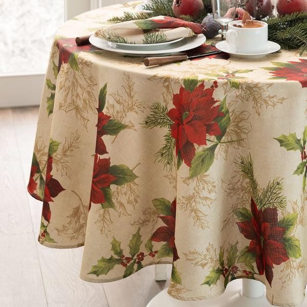 Elrene Festive Poinsettia Holiday Fabric Tablecloth