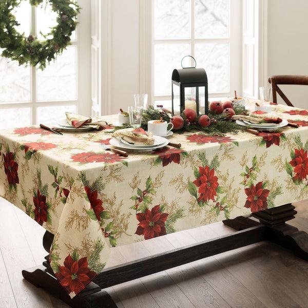 elrene Festive Poinsettia Holiday Fabric Tablecloth
