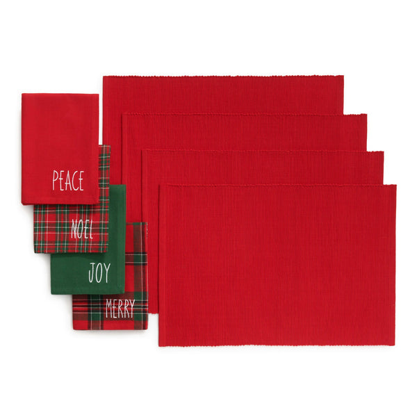 Elrene Holiday Christmas Sentiments Placemat And Napkin Value Set Of 8 (4 Of Each)