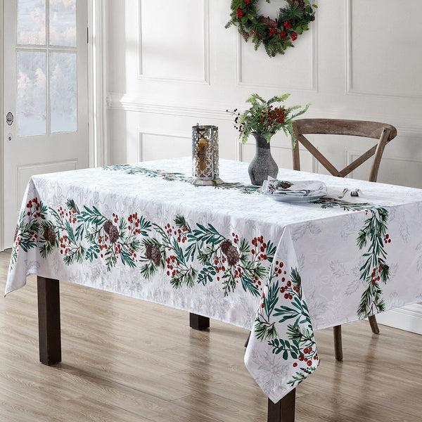 elrene Holly Berry Flourish Holiday Fabric Tablecloth