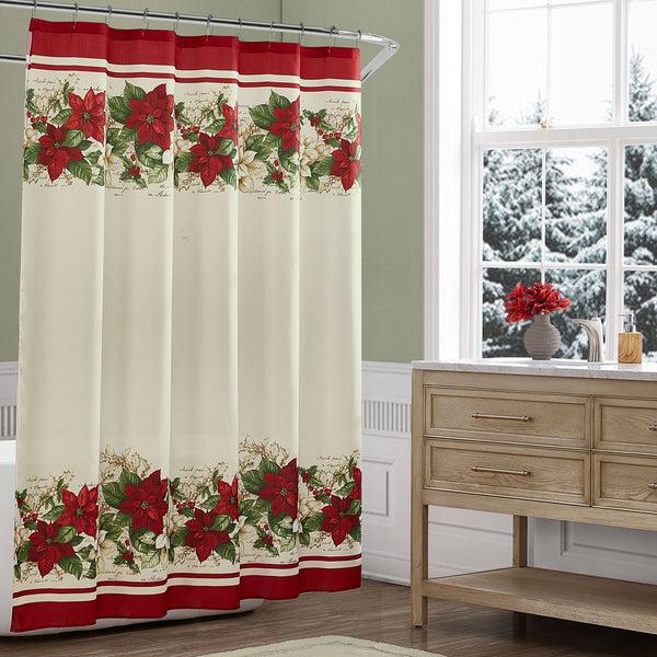 Elrene Red And White Poinsettias Holiday Fabric Shower Curtain