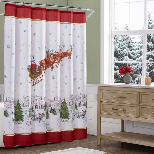 Elrene Santa’s Snowy Sleighride Holiday Fabric Shower Curtain