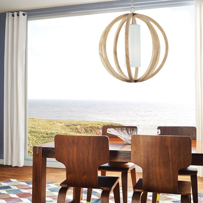 Elstead Lighting Allier 1 Light Large Pendant - Light Wood/Brushed Steel