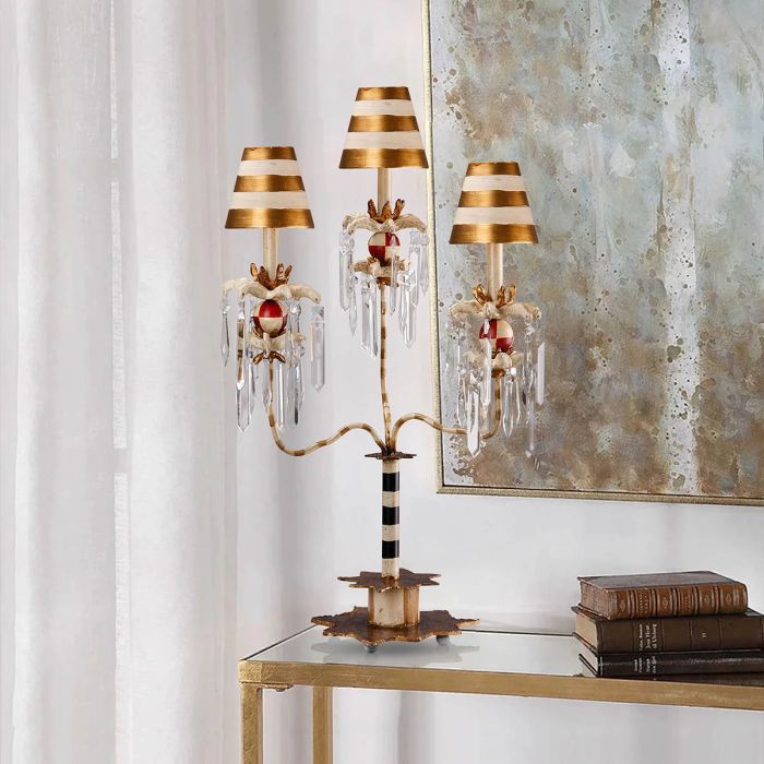 Elstead Lighting Birdland 3 Arm Table Lamp - Cream & Gold With Cream And Gold Striped Shade