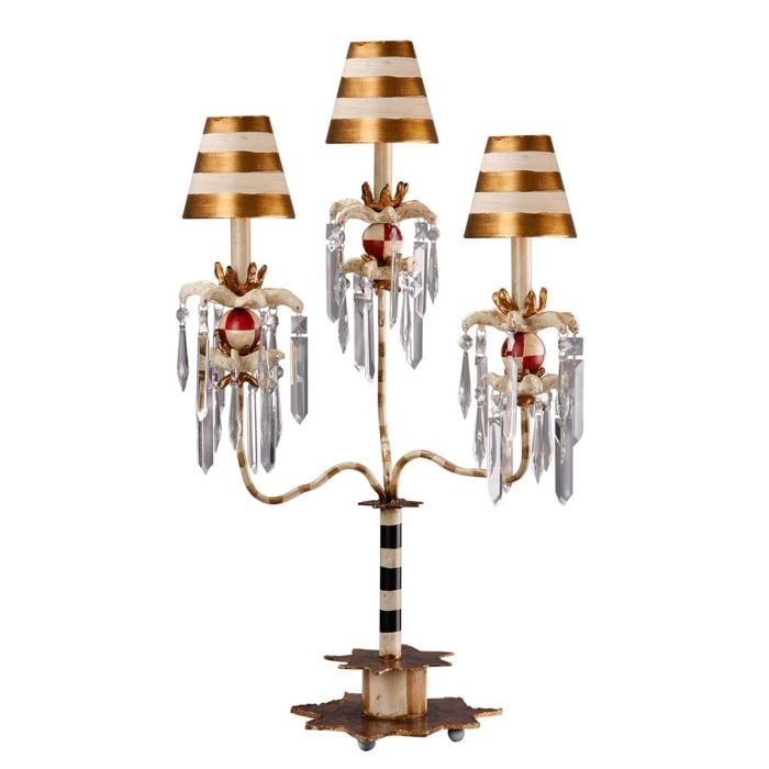elstead lighting Birdland 3 Arm Table Lamp - Cream & Gold with Cream and Gold Striped Shade
