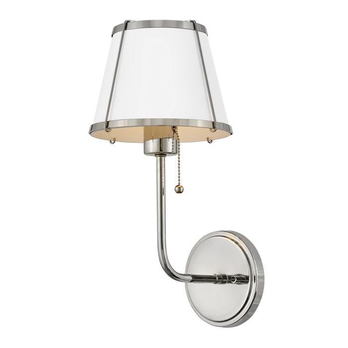 Elstead Lighting Clarke 1 Lt Wall Light With Pull Switch - Polished Nickel & White Metal Shade
