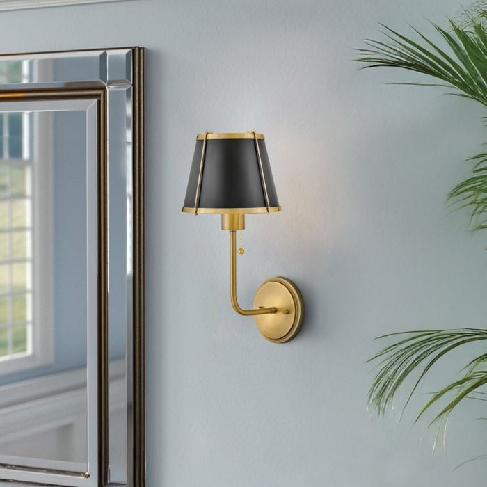 Elstead Lighting Clarke 1 Lt Wall Light With Pull Switch - Warm Brass & Black Metal Shade