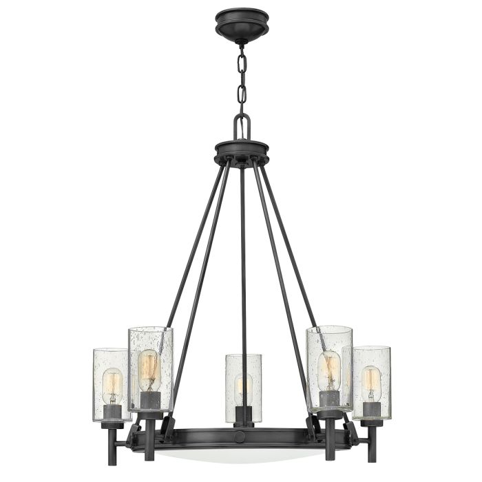 elstead lighting Collier 5 lt Chandelier with clear Seeded glass on arms and off-white centre glass - Black Oxide