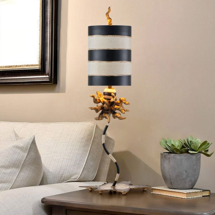Elstead Lighting Dominique 1 Light Table Lamp - Gold Leaf Black With Black And Cream Striped Shade