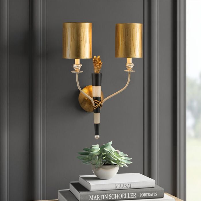 Elstead Lighting Flambeau 2 Light Wall Light - Gold And Black With Parchment Shades