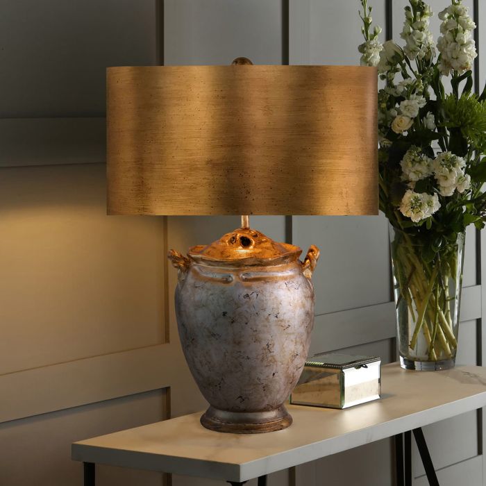 Elstead Lighting Jackson 1lt Table Lamp - Antiqued Silver With Gold Leaf Accents With Distressed Gold Shade