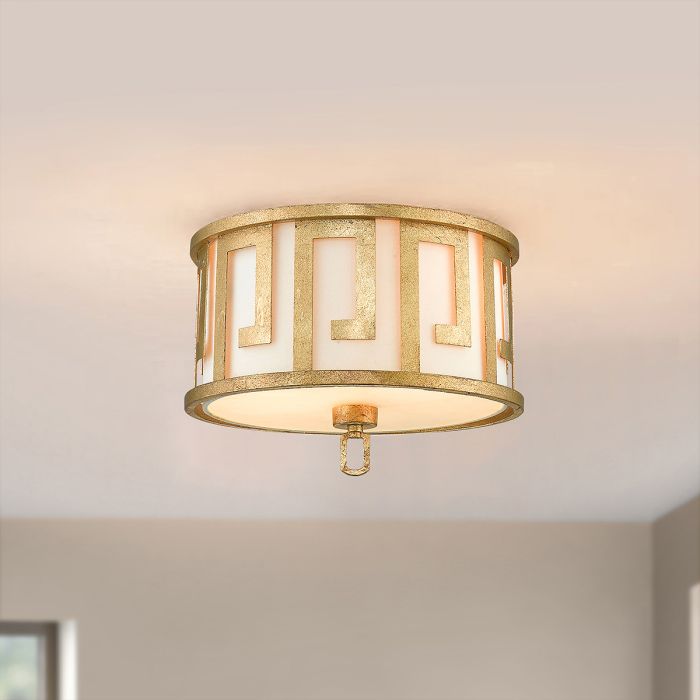 Elstead Lighting Lemuria 2 Light Flush - Distressed Gold Ivory Shade