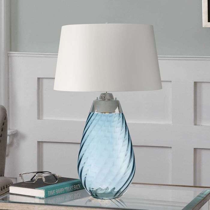 Elstead Lighting Lena 2 Light Large Blue Table Lamp With Off-white Shade - Blue-tinted Glass / Off-White Shade