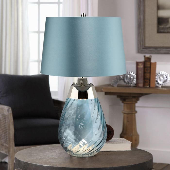 Elstead Lighting Lena 2 Light Small Blue Table Lamp - Blue-tinted Glass / Duck Egg Blue Shade