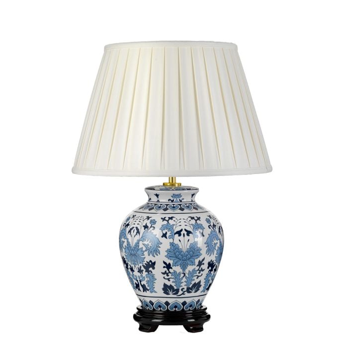 elstead lighting Linyi 1 Light Table Lamp with Tall Empire Shade - Blue and White with Ivory Shade
