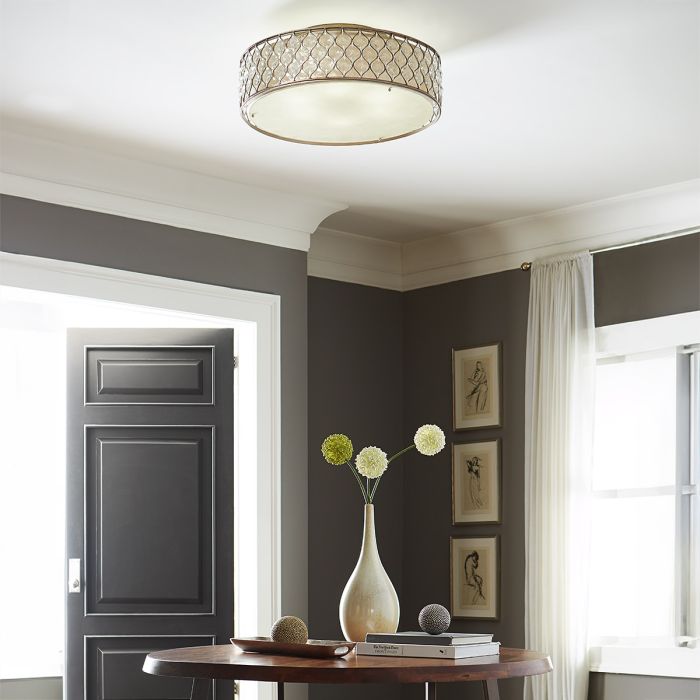 Elstead Lighting Lucia 6 Light Flush Light - Burnished Silver With LINEN FABRIC Shade