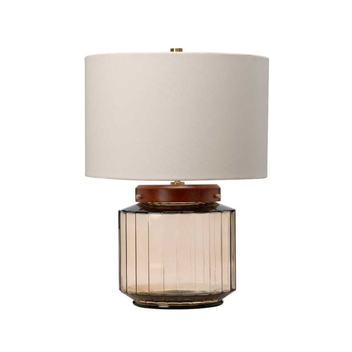 elstead lighting Luga Table Lamp - Smoke - Metalwork Aged Brass - Glassware Smoke - Wood Dark Stained