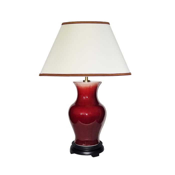 elstead lighting Majin Oxblood Red Jar 1 Light Table Lamp with Polycotton shade - Oxblood with Cream with Burgundy and Gold Soutach Trim Shade
