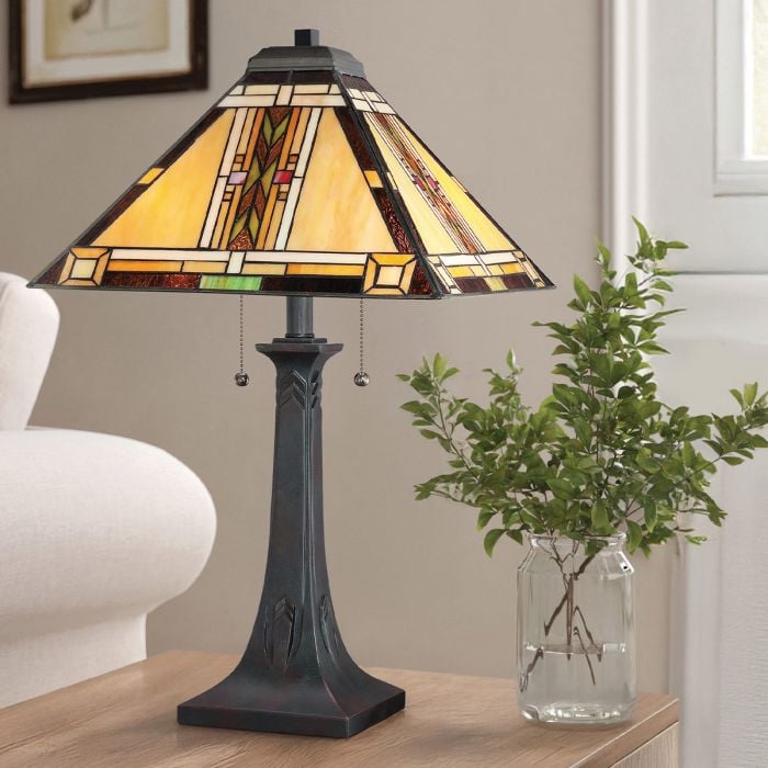 Elstead Lighting Navajo 2 Lt Tiffany StyleTable Lamp - Bronze With Art Glass Shade