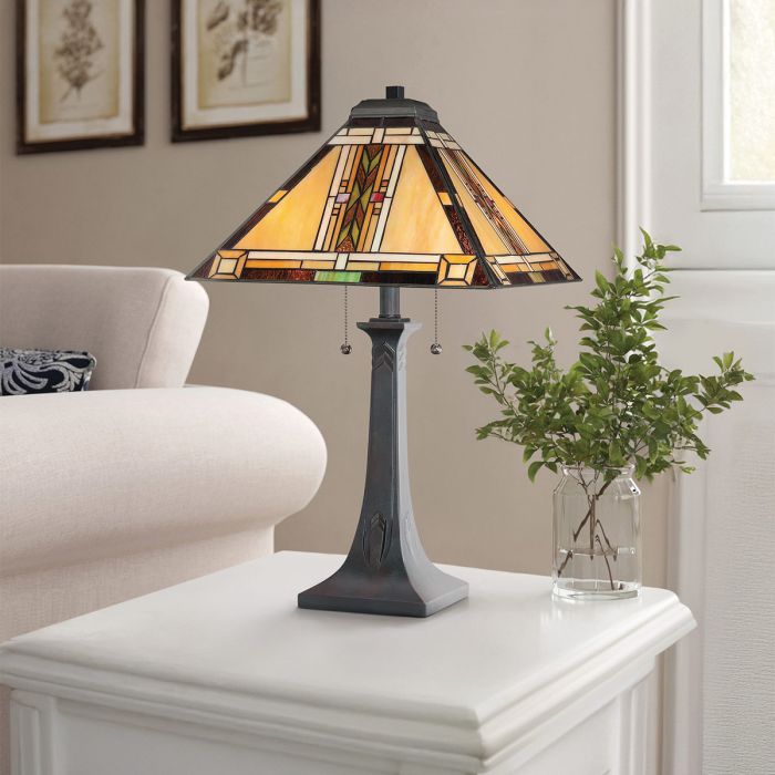 Elstead Lighting Navajo 2 Lt Tiffany StyleTable Lamp - Bronze With Art Glass Shade