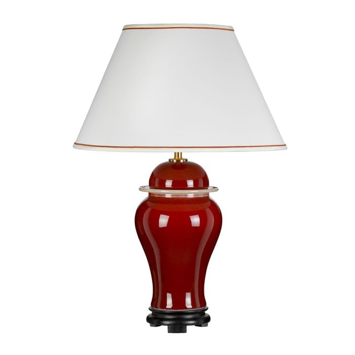 elstead lighting Oxblood Temple Jar 1 Light Table Lamp with Tall Empire Shade - Oxblood with Off-White with Ivory and Gold Trim Shade