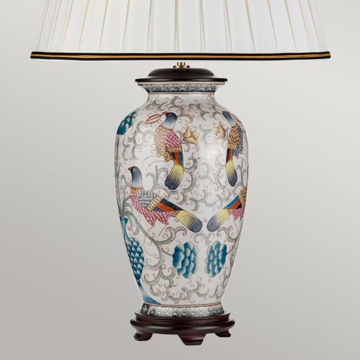 Elstead Lighting Ping 1 Light Table Lamp - Cream With Coloured Birds With Ivory With Black And Gold Trim Shade