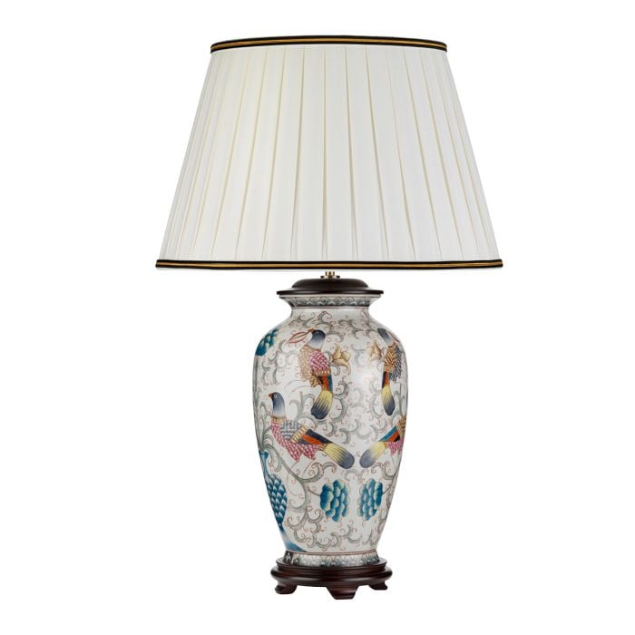 elstead lighting Ping 1 Light Table Lamp - Cream with coloured birds with Ivory with Black and Gold trim Shade