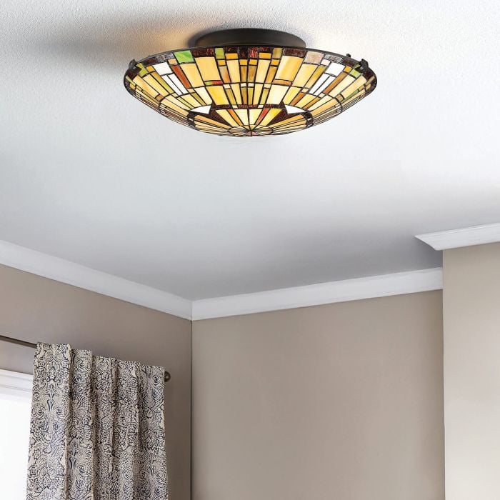 Elstead Lighting Reed 2 Lt Tiffany Style Flush - Valiant Bronze & Art Glass Shade