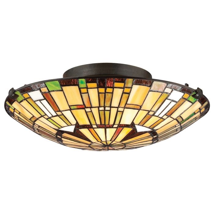 elstead lighting Reed 2 lt Tiffany style Flush - Valiant Bronze & Art Glass Shade