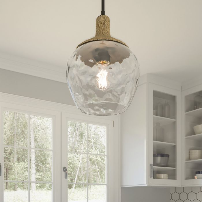 Elstead Lighting Royer 1 Lt Pendant - Matte Black With Natural Rope Detail And Clear Mottled Blown Glass Shade