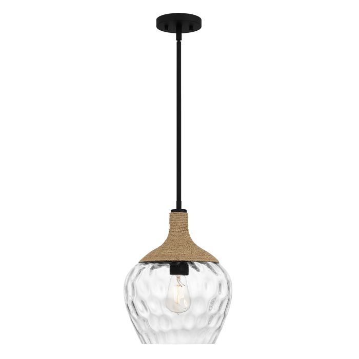 Elstead Lighting Royer 1 Lt Pendant - Matte Black With Natural Rope Detail And Clear Mottled Blown Glass Shade