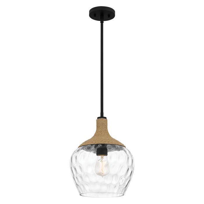 elstead lighting Royer 1 lt Pendant - Matte Black with natural rope detail and clear mottled blown glass shade