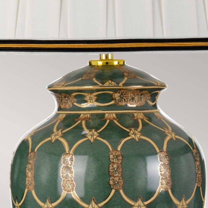 Elstead Lighting Sashi 1 Light Table Lamp With Tall Empire Shade - Green With Gold And Brown With Ivory With Black And Gold Trim Shade