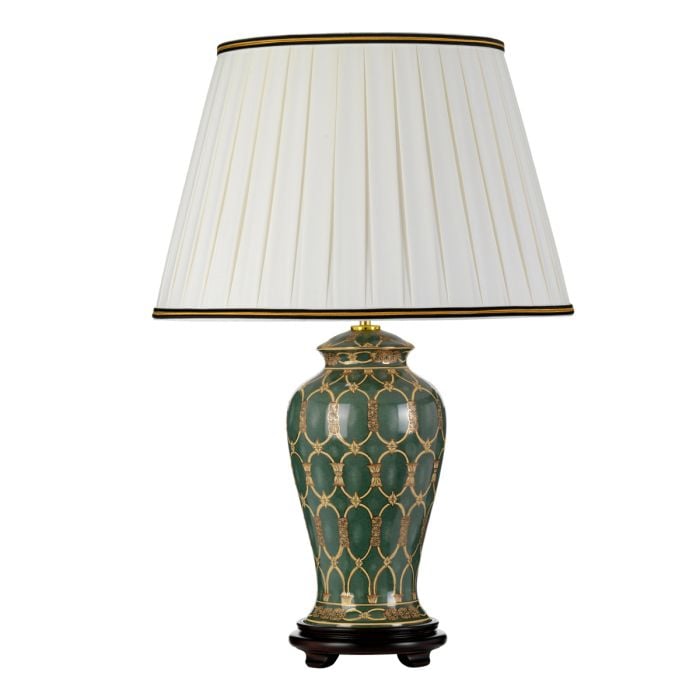 elstead lighting Sashi 1 Light Table Lamp With Tall Empire Shade - Green with Gold and Brown with Ivory with Black and Gold trim Shade
