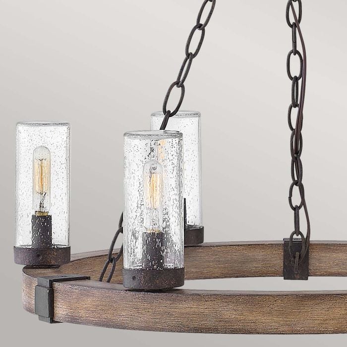 Elstead Lighting Sawyer 6 Lt Exterior Chandelier - Sequoia Wood Effect With Rust Iron Accents & Clear Seeded Glass