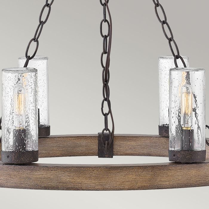 Elstead Lighting Sawyer 6 Lt Exterior Chandelier - Sequoia Wood Effect With Rust Iron Accents & Clear Seeded Glass