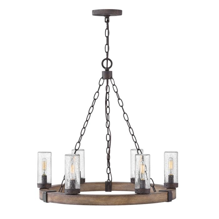 elstead lighting Sawyer 6 lt Exterior Chandelier - Sequoia wood effect with rust Iron accents & Clear seeded glass