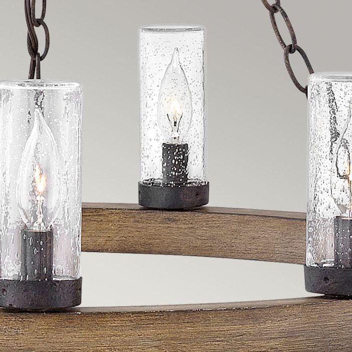 Elstead Lighting Sawyer 9 Lt Exterior Chandelier - Sequoia Wood Effect With Rust Iron Accents & Clear Seeded Glass