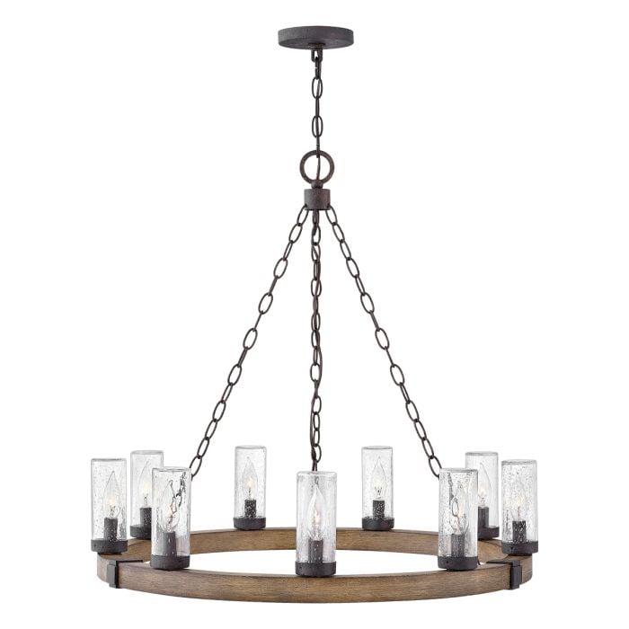 elstead lighting Sawyer 9 lt Exterior Chandelier - Sequoia wood effect with rust Iron accents & Clear seeded glass