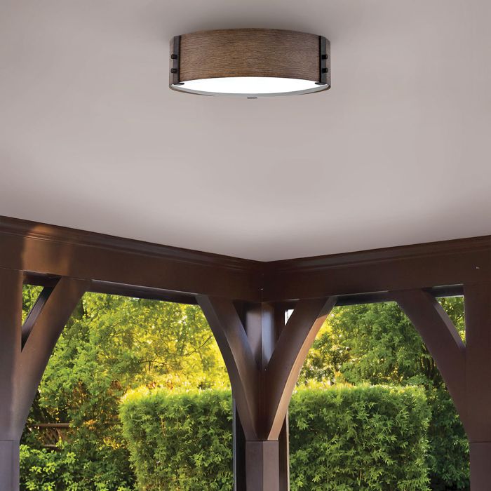 Elstead Lighting Sawyer Flush Ceiling Light - Sequoia Wood Effect With Rust Iron Accents