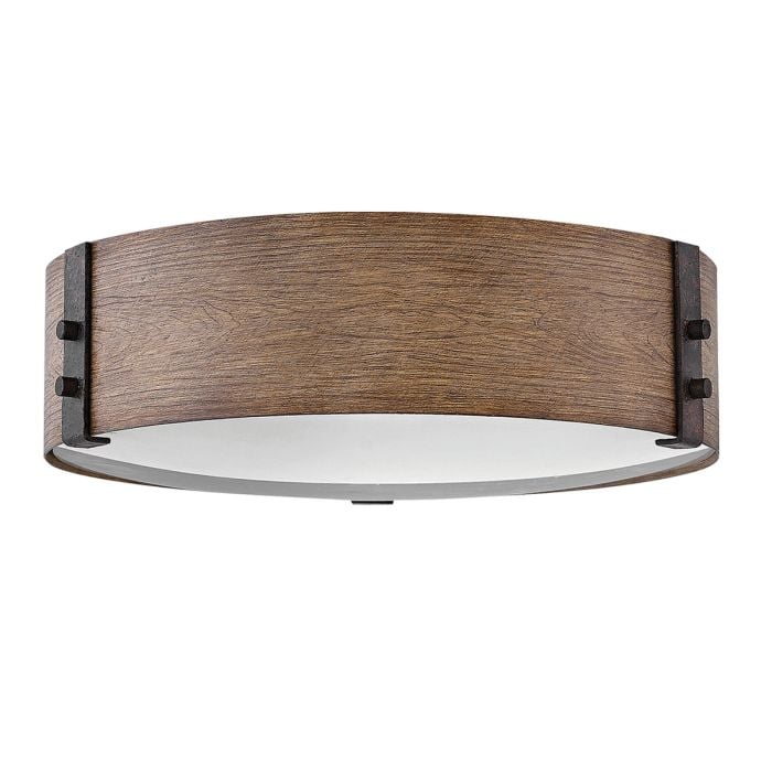 elstead lighting Sawyer Flush Ceiling Light - Sequoia wood effect with rust Iron accents